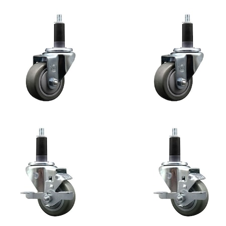 Service Caster 3'' Gray Poly Wheel Swivel 1-1/8'' Expanding Stem Caster Set 2 Brakes, 4PK SCC-EX20S314-PPUB-2-TLB-2-118